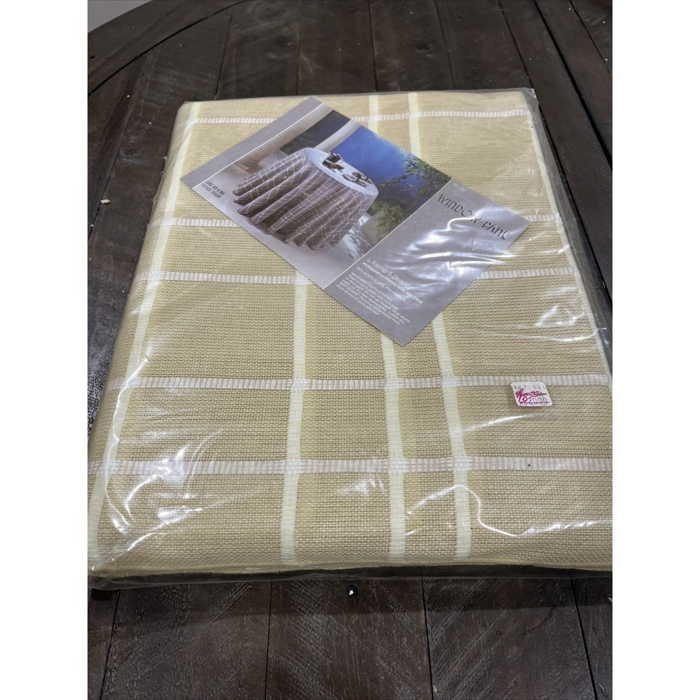Vintage KEMP & BEATLEY Tan  Window Pane Tablecloth 60 X 88 Polyester Acrylic NOS